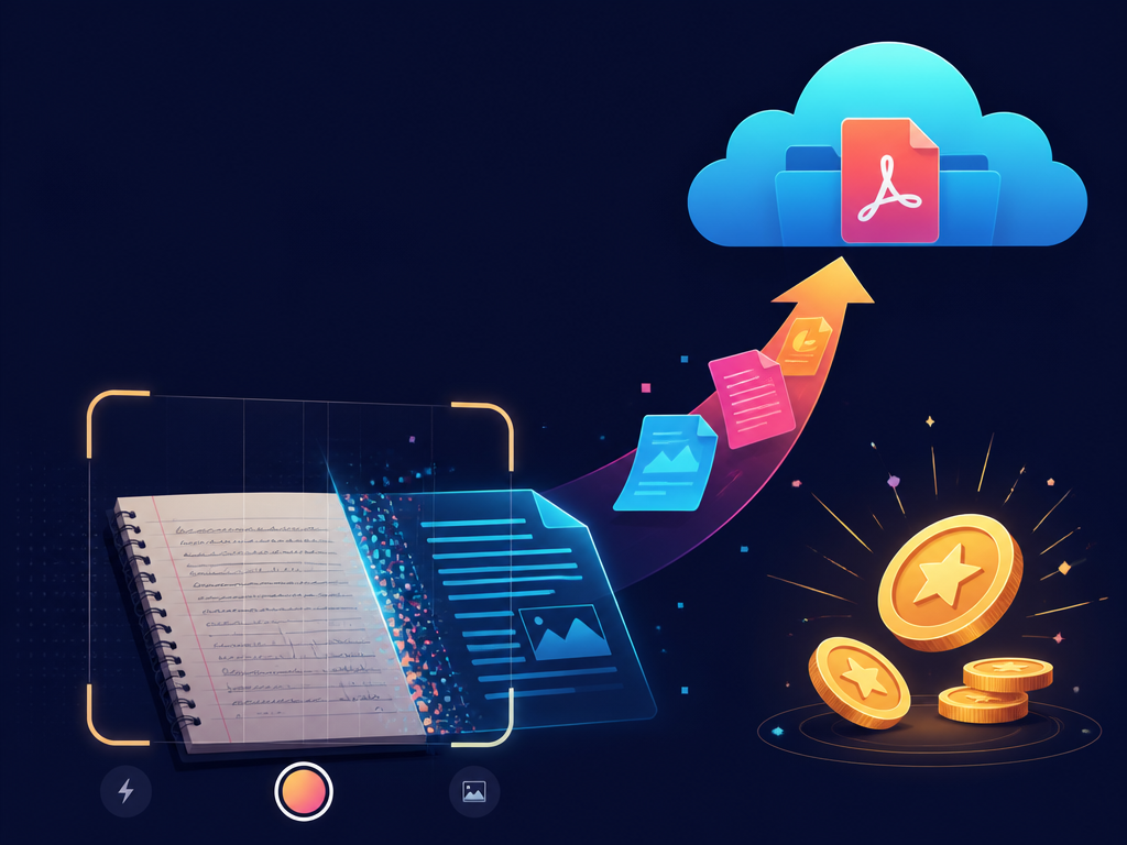 Página escaneada convirtiéndose en PDF en la nube con recompensas